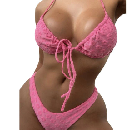 Traje de baño de bikini con cuello halter floral de color sólido para mujer