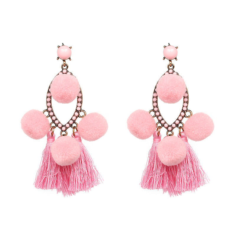 Pendientes bohemios con borlas y pompones pequeños para mujer