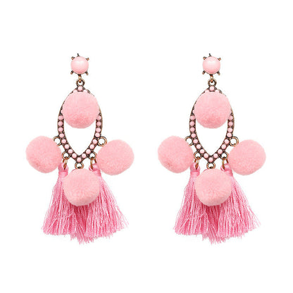 Pendientes bohemios con borlas y pompones pequeños para mujer