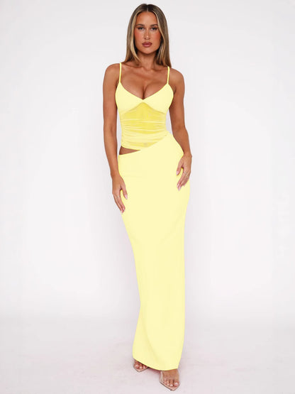 Women Fashion Solid Color Mesh Sleeveless Camisole and A-Line Skirt Set