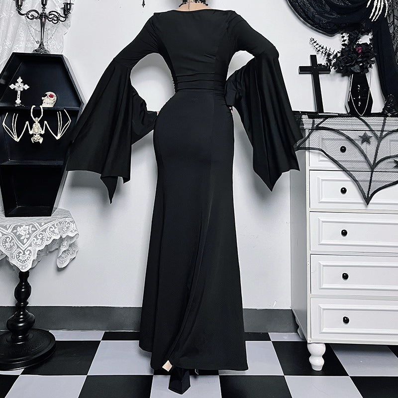 Robe longue à manches longues de style gothique pour femme, couleur unie