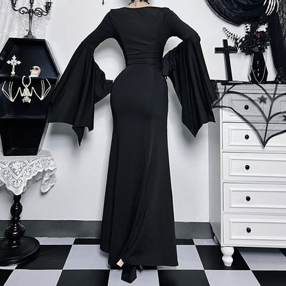 Robe longue à manches longues de style gothique pour femme, couleur unie