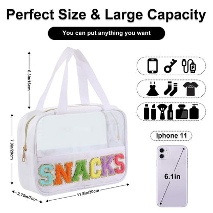 Bolsa de cosméticos transparente de PVC con letras bordadas