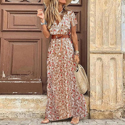 Vestido largo bohemio vintage de verano para mujer, sexy, con escote en V y mangas cortas, con cinturón