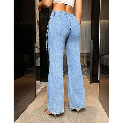 Women Fashion Casual Pocket High Waist Jeans