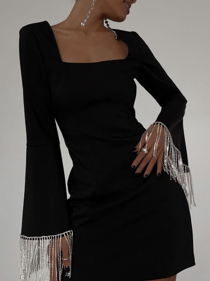 Women Fashion Sexy Square Collar Back Hollow Tassel Dress
