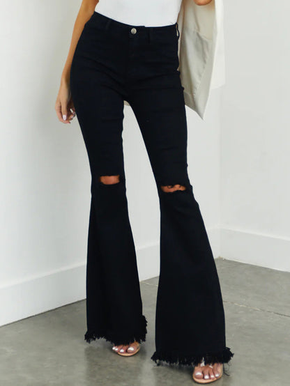 Women Fashion Black Ripped Stretch Flared Jeans for Urban Style