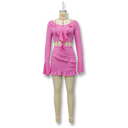 Conjunto de dos piezas de top y falda de manga larga con volantes sexy de verano para mujer