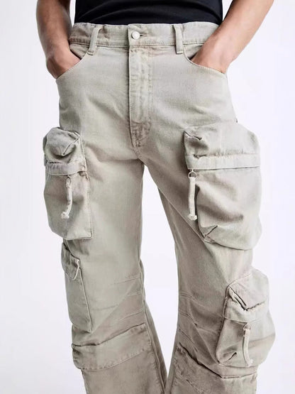 Jean cargo ample à poches et jambes larges pour homme, kaki