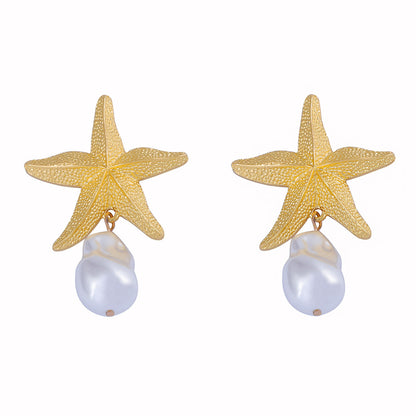 Women Fashion Casual Alloy Starfish Pearl Pendant Earrings