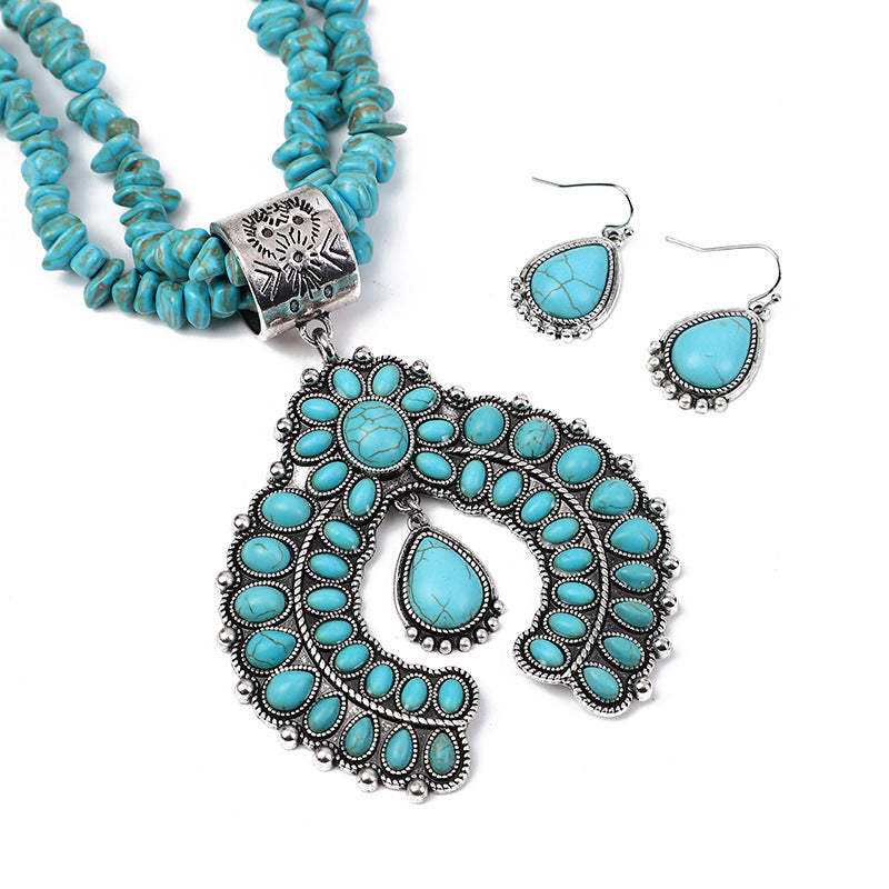 Conjunto de pendientes y collar con colgante geométrico para mujer - Joyería retro floral turquesa
