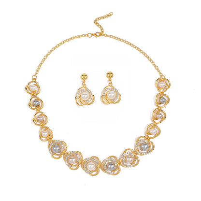 Women Fashion Elegant Alloy Plating Pearl Zircon Earrings Necklace Set