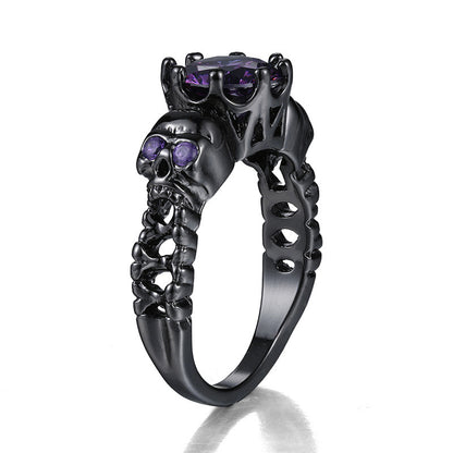 Anillo unisex de calavera de cobre con circonita morada para Halloween