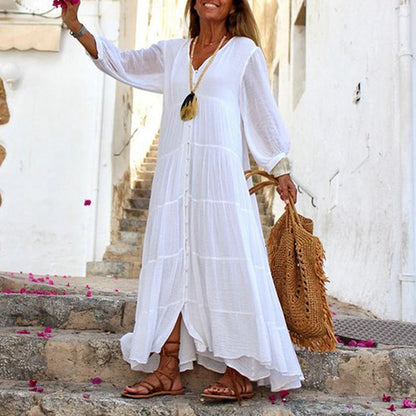 Vestido largo bohemio de verano para mujer, informal, de color liso, con escote en V y manga larga