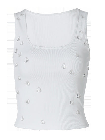 Camiseta sin mangas sexy con cuello en U y cuentas para mujer