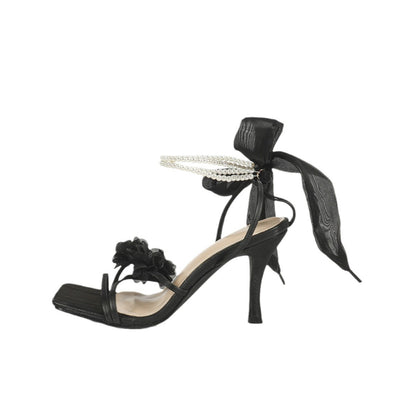 Zapatos sexis con lazo y flores de color liso para mujer