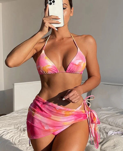 Bikini sexy de malla con efecto tie-dye y cuello halter para mujer