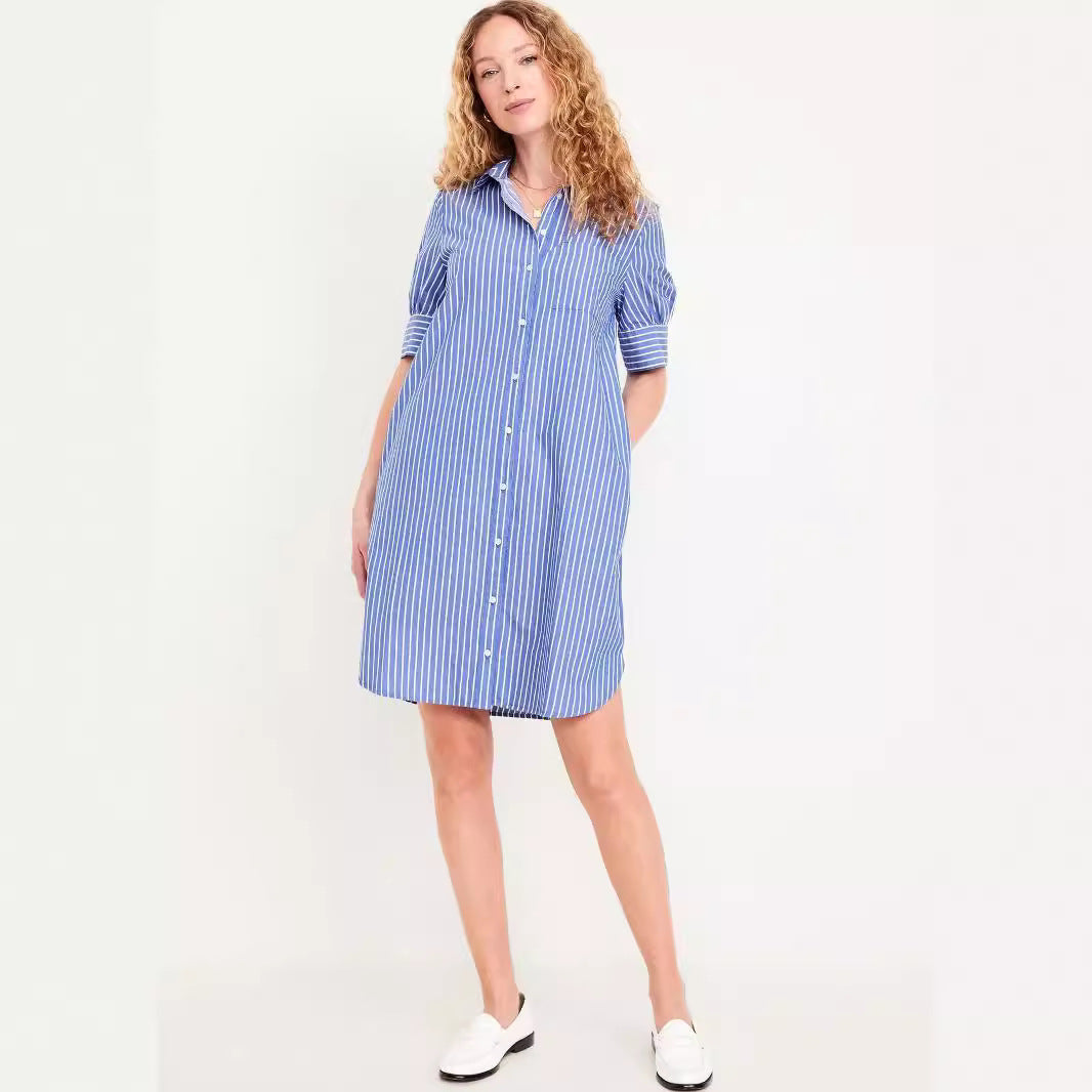 Vestido informal sencillo de manga corta con solapa para mujer