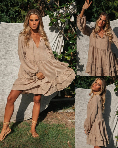 Women's Fashion Casual Boho V-Neck Lace-Up Lantern Sleeve Dress