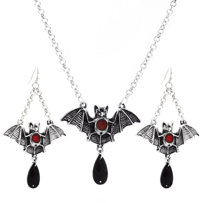 Women Gothic Halloween Bat Necklace Earrings Set