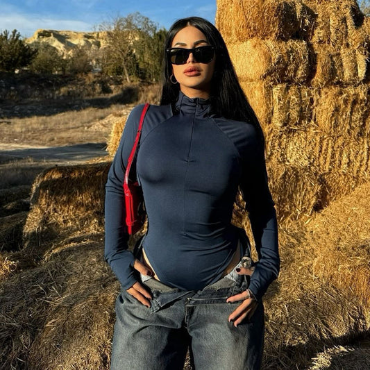 Women Fashion Solid Color Long-Sleeve Yoga Bodysuit