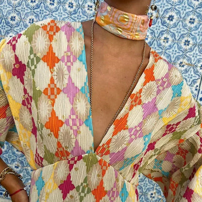 Vestido largo elegante de verano para mujer con estampado geométrico, escote en V y media manga.