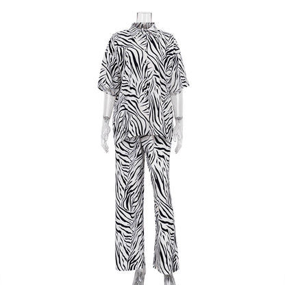Women Casual Satin Stripe Blouse and High Waist Pants Set