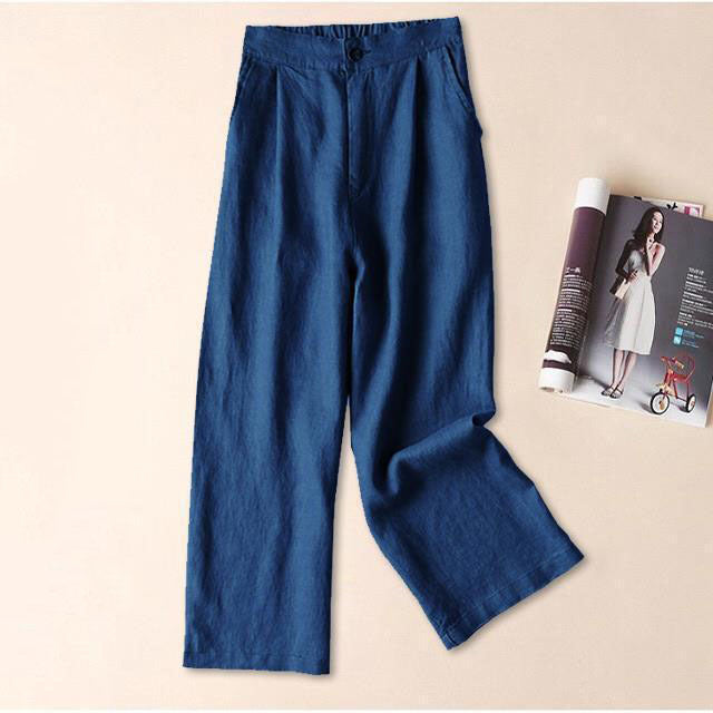 Women Fashion Casual Solid Color Linen Loose Cropped Pants