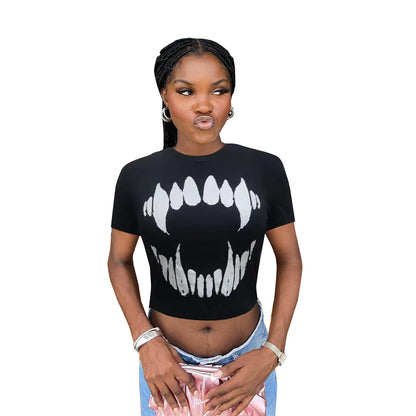 Camiseta corta de manga corta con cuello redondo y estampado de moda de verano para mujer