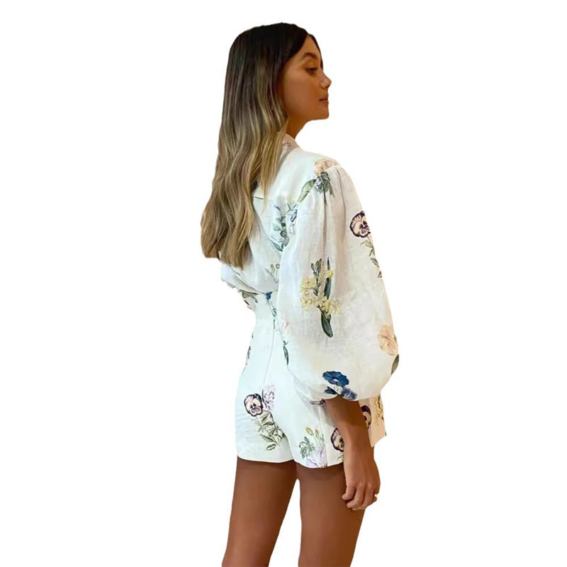 Conjunto elegante de pantalones cortos de cintura alta y lino con estampado floral para mujer
