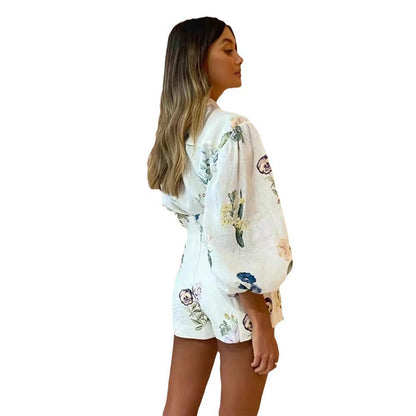 Conjunto elegante de pantalones cortos de cintura alta y lino con estampado floral para mujer