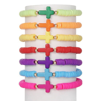 Conjunto de pulseras de cuentas de cerámica suave con cruz multicolor bohemia