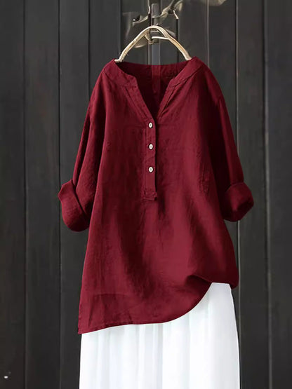 Blusas casuales holgadas de lino y algodón de color liso para mujer
