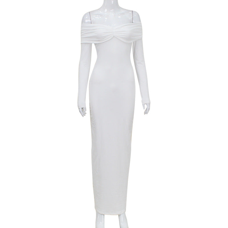 Women Waist Long Sleeve Off Shoulder Elegant Dress
