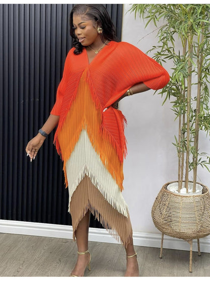 African Women Fashion Pleated Color Matching Dress