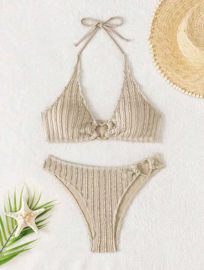 Maillot de bain bikini dos nu à rayures de couleur unie et sexy pour femmes