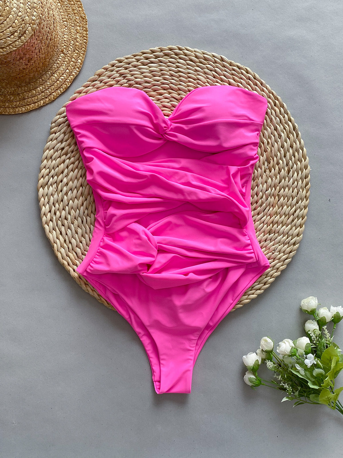 Women Summer Vacation Solid Barbie Pink Cut Out Knotted Tube Top Swimwear