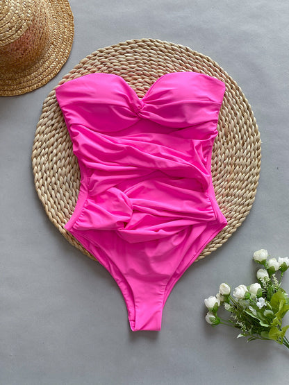 Women Summer Vacation Solid Barbie Pink Cut Out Knotted Tube Top Swimwear