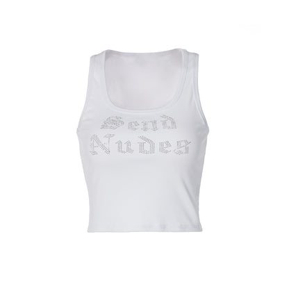 Women's Fashion Letter Rhinestone Sleeveless Cropped Top