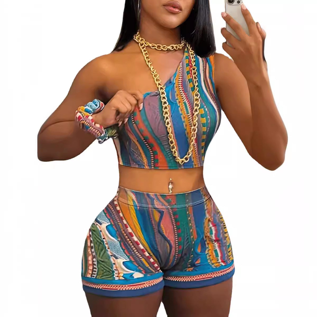 Conjunto de top corto y pantalones cortos de un solo hombro con estampado sexy para mujer