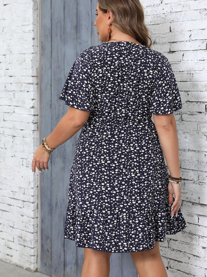Vestido informal de poliéster con cuello en V y manga corta con estampado floral para mujer
