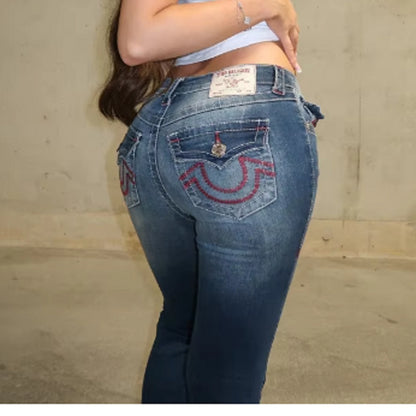 Women Sexy Red Line Pocket Tight Jeans Cotton Street Style