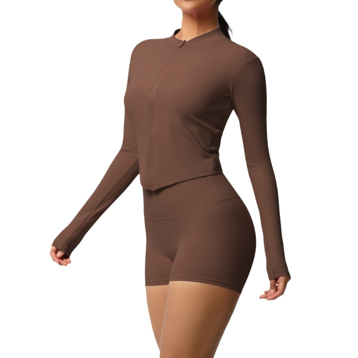 Ensemble haut à manches longues et short de yoga pour femme, couleur unie