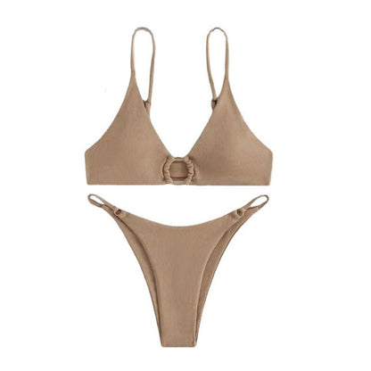 Traje de baño de bikini de canalé de color liso para mujer