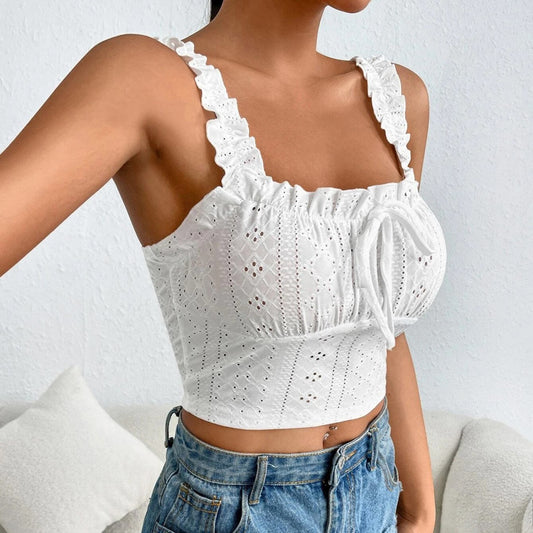 Women Fashion Solid Color Lace Cut-Out Cropped Top
