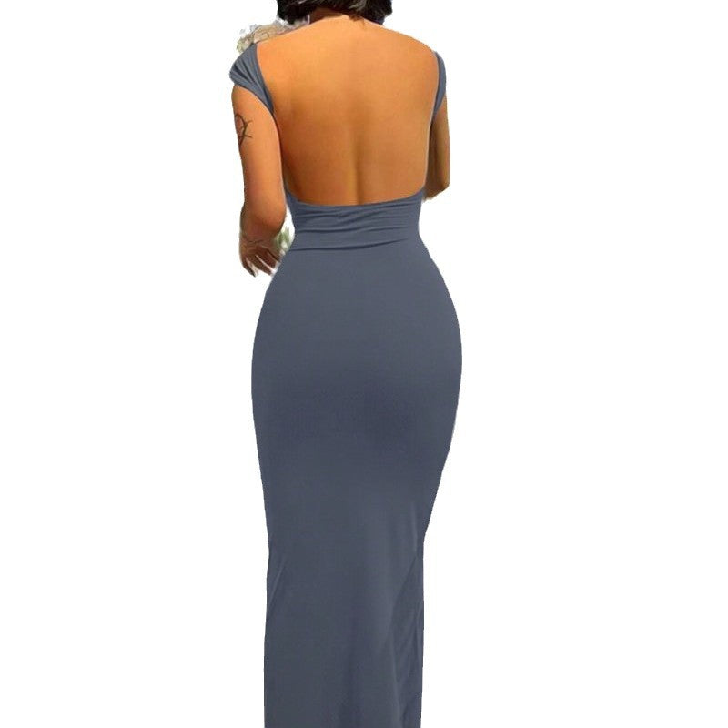 Robe moulante dos nu à manches courtes et col rond pour femme