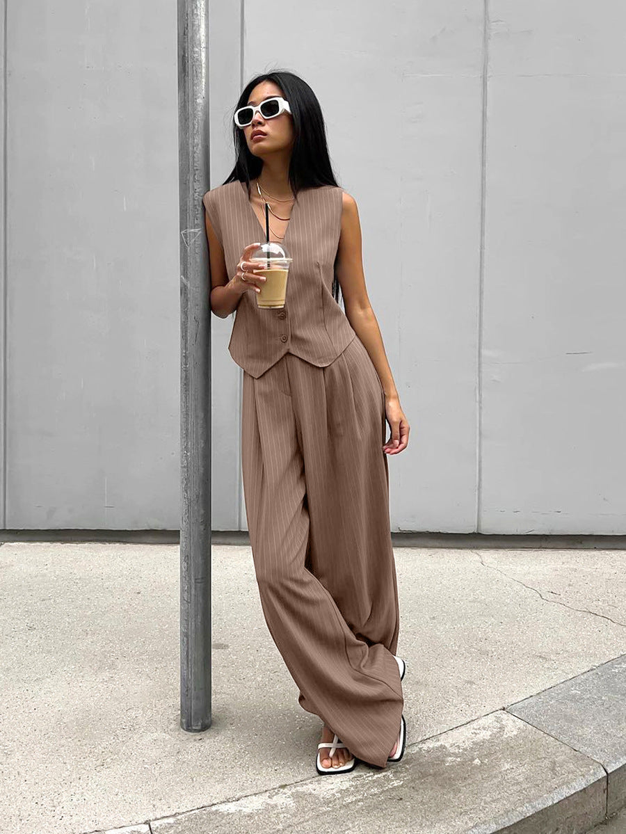 Women Fashion Casual Solid Color Stripe V-Neck Tank Set