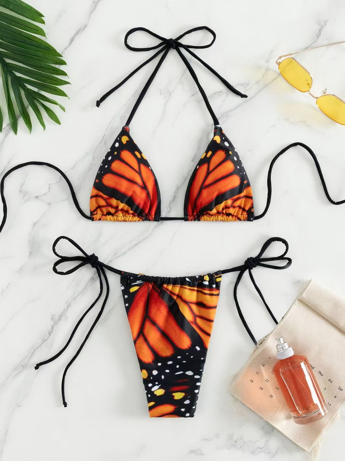 Bikini sexy con cuello halter y estampado de mariposas para mujer