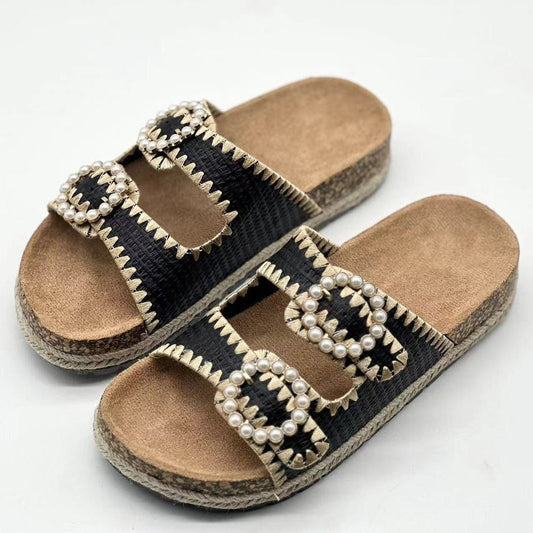 Pantuflas casuales de vacaciones con doble hebilla de perla para mujer