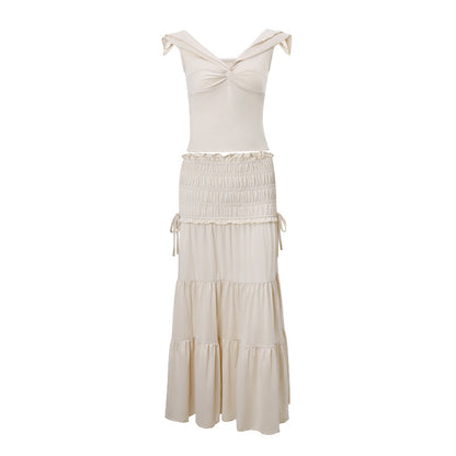 Women Elegant Solid Color V-Neck Sleeveless T-Shirt and Pleated Skirt Set